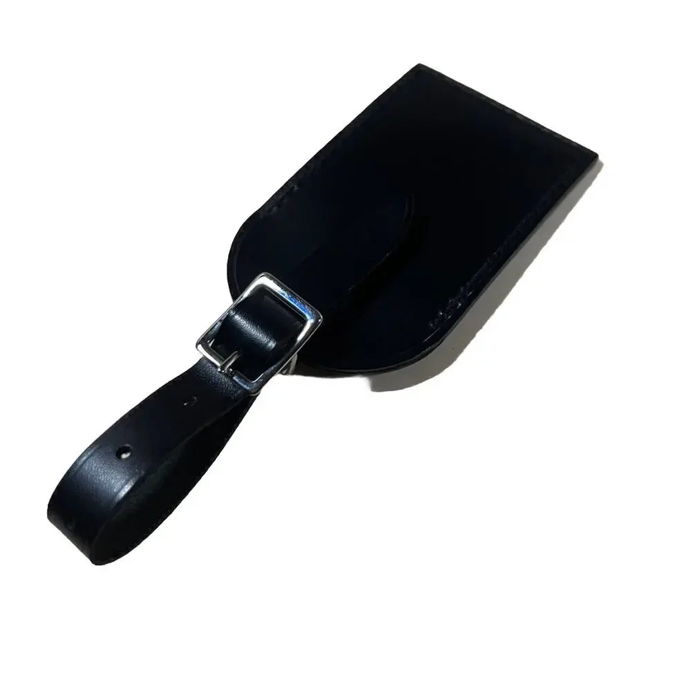 Louis Vuitton Paris Black Leather Name Tag Silver tone Metal w/ KK Stamped